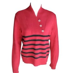 American Living Womens Red Striped Cotton Shawl Neck Button Sweater Large